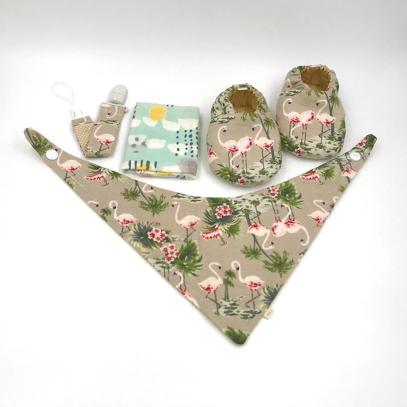 フラミンゴの鳥-実用的なセット ギフト ボックス - 出産祝い用贈物 - コットン・麻 ピンク