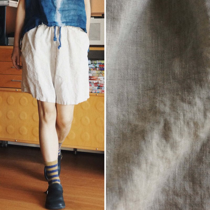 淺駱色 夏季寬鬆五分褲休閒短褲中褲 雜色義大利雨露麻面料 - 女短褲/五分褲 - 棉．麻 卡其色