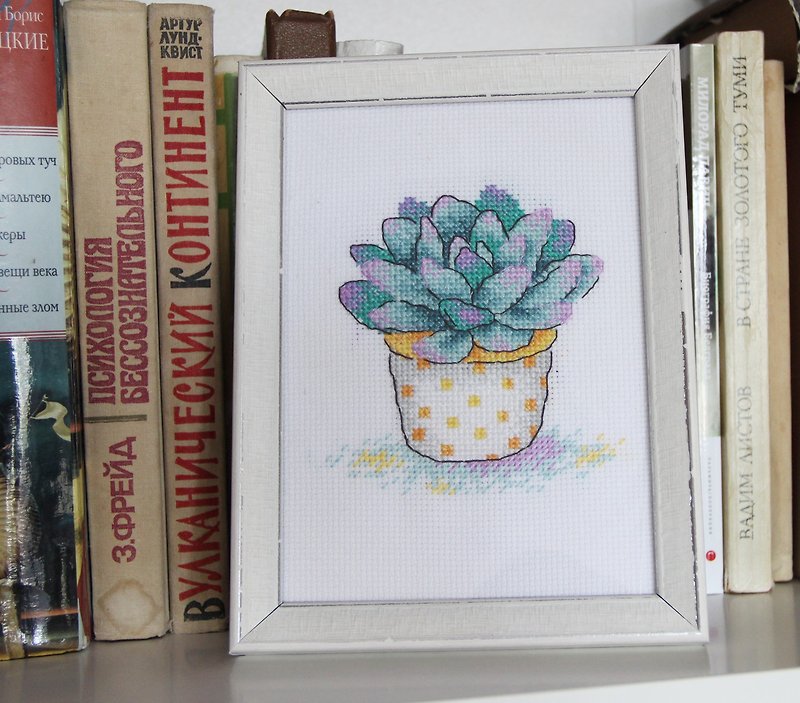 Cactus cross stitch picture. Framed succulent embroidery painting