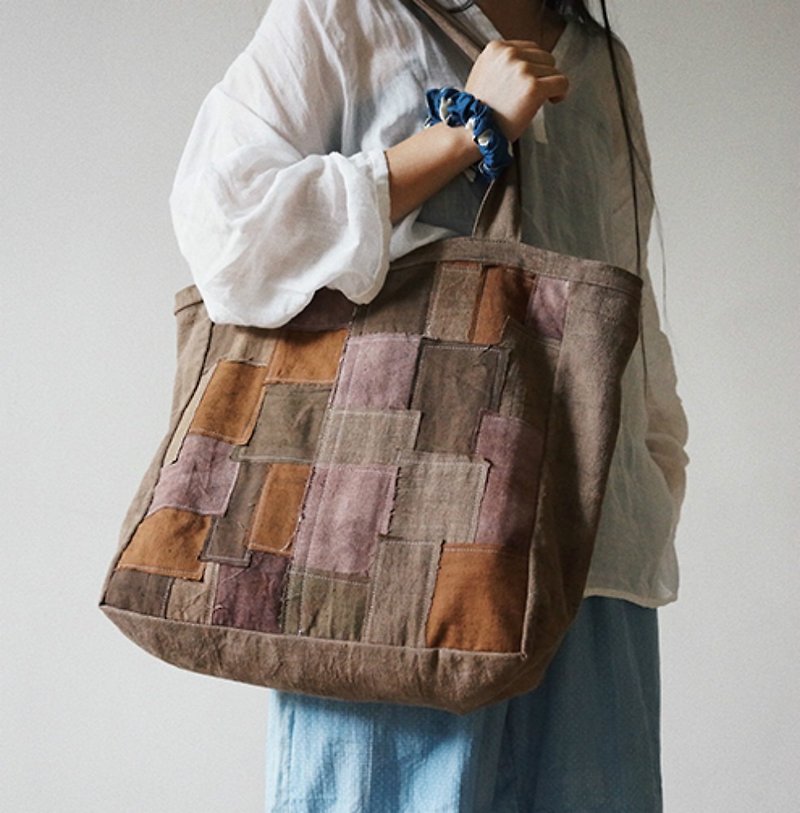 Earth-color yam dyed patchwork tote bag, hand-woven cloth, homespun edging, lightweight, large-capacity one-shoulder cross-body bag