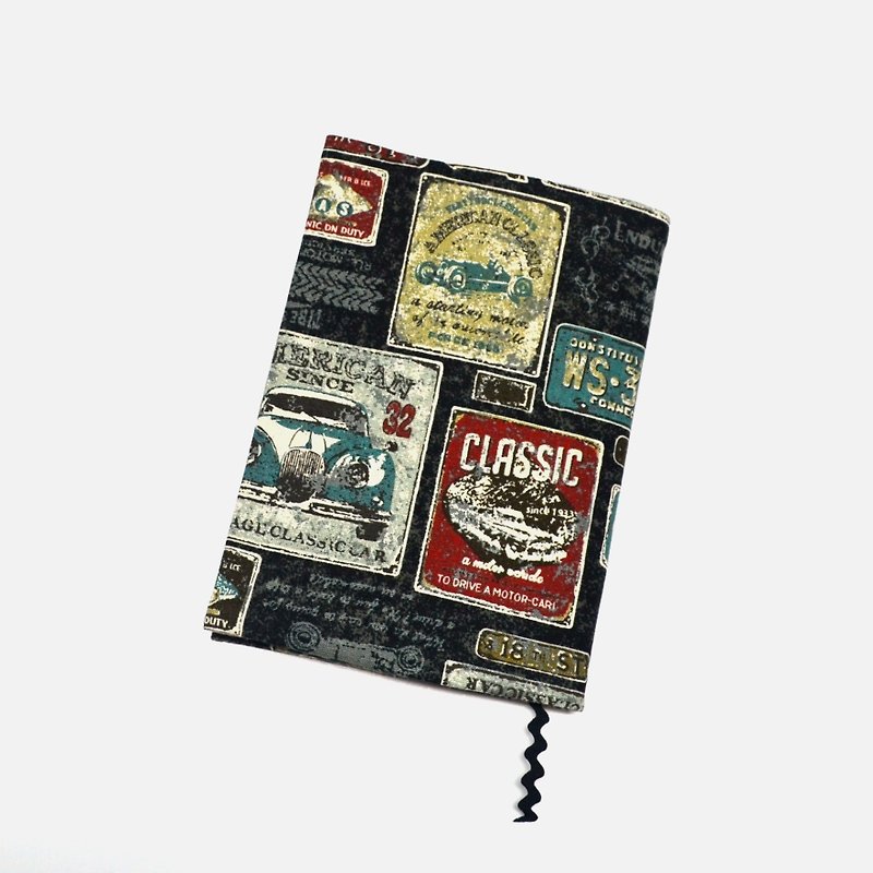 Antique car book cover with bookmark handmade Print Cotton Fabric canvas - Book Covers - Cotton & Hemp Black