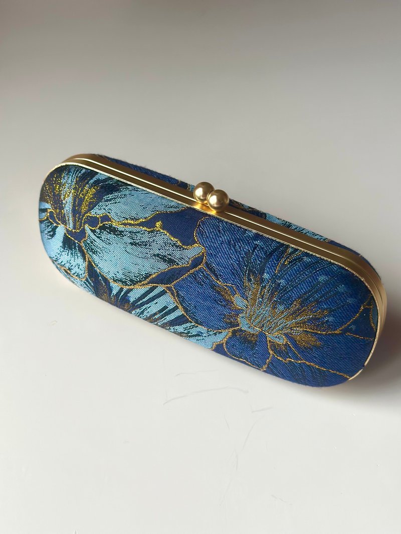 金藍線花眼鏡盒/筆盒/首飾盒 - 鉛筆盒/筆袋 - 棉．麻 藍色