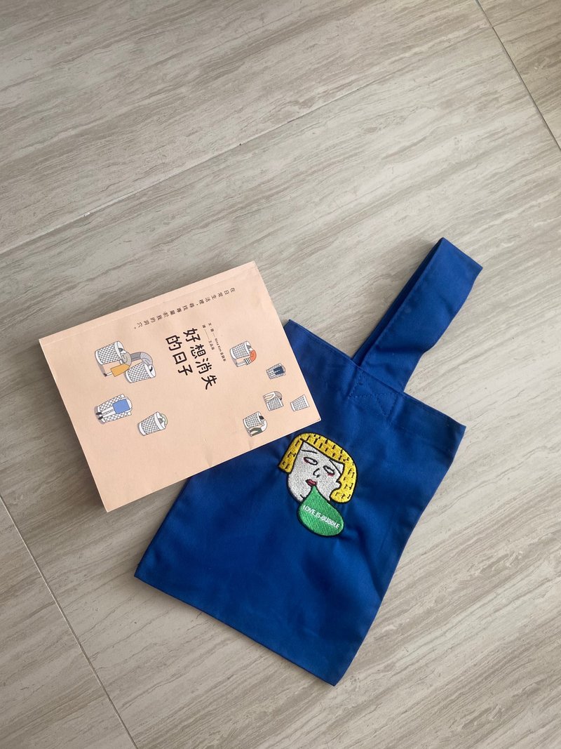 Bubble刺繡小提袋 - 手提包/手提袋 - 棉．麻 藍色