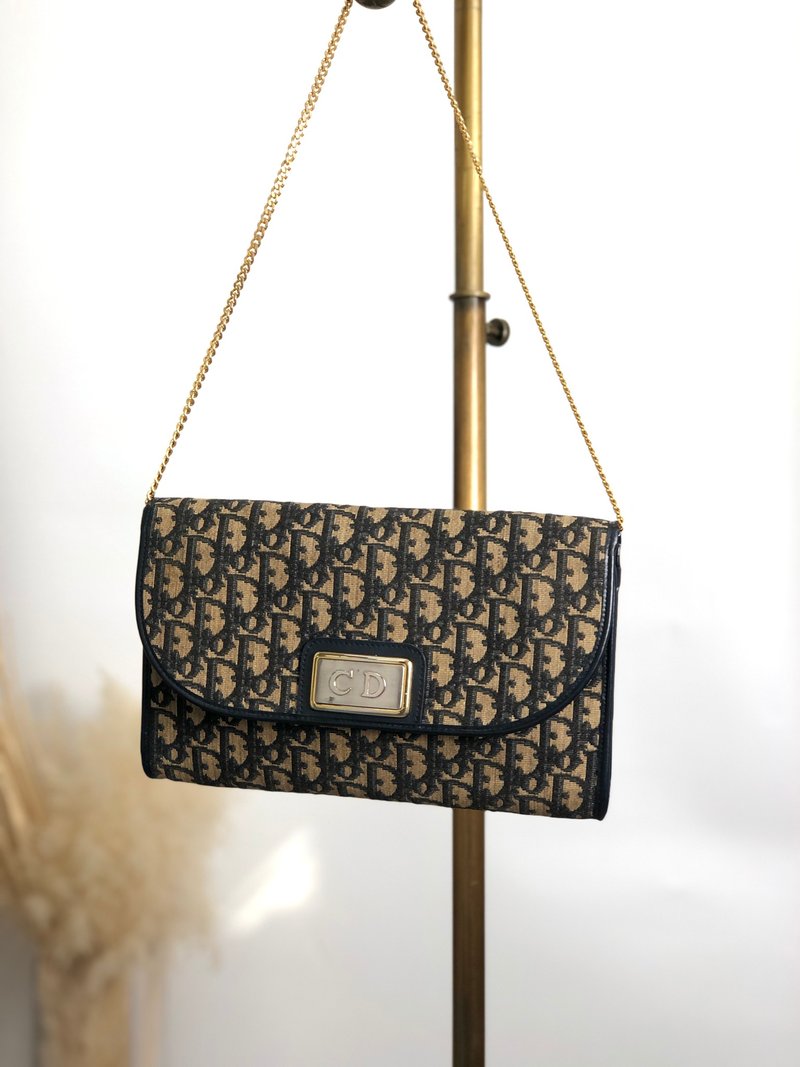 【 日本直送　名牌中古包 】Christian Dior トロッター ショルダーバッグ ネイビー CD ジャガード チェーン vintage bmy3ab - 側背包/斜背包 - 棉．麻 藍色