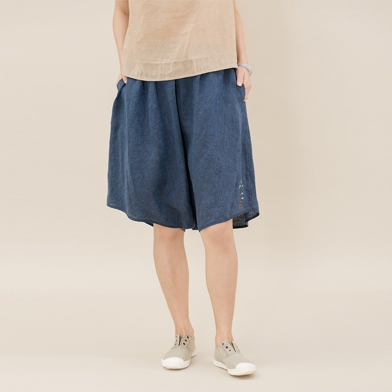 BUFU  Yarn dyed flax / linen/ unise culottes Pumpkin-shorts P170511 - กางเกงขายาว - กระดาษ สีน้ำเงิน