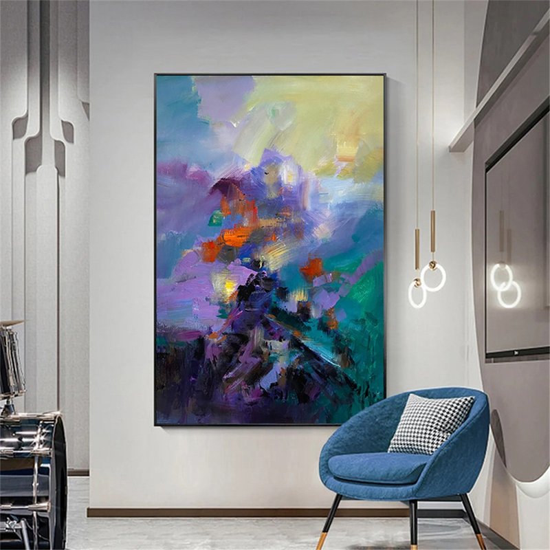 遠山 手繪油畫/紫色藍色現代抽象畫/原創商品/裝飾畫客廳走廊掛畫 - 海報/掛畫/掛布 - 亞麻 多色