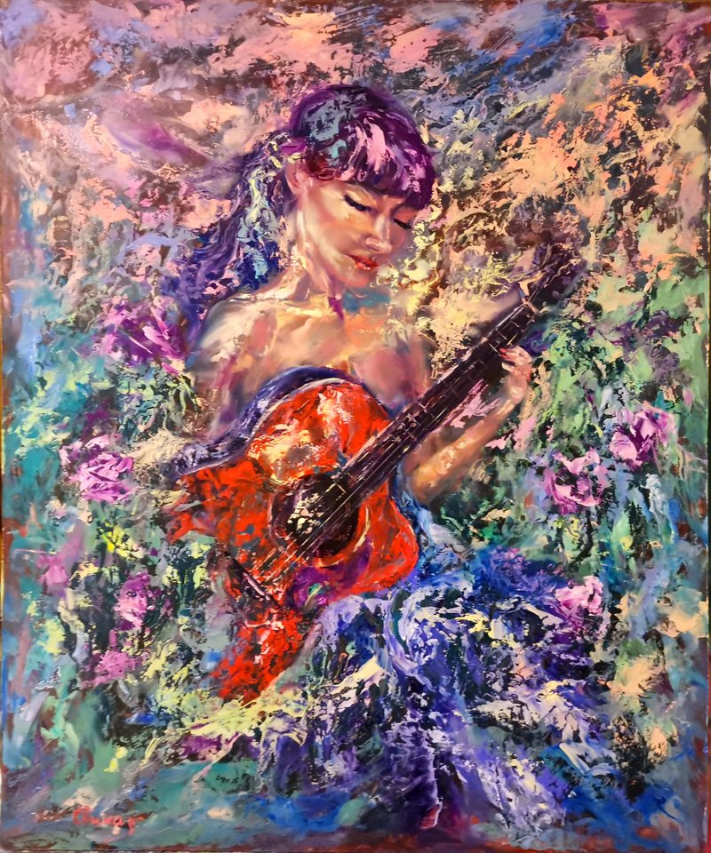 Guitar Girl Art Original Large Oil Painting Soul Song Artist Svinar Oksana - 其他 - 其他材質 多色