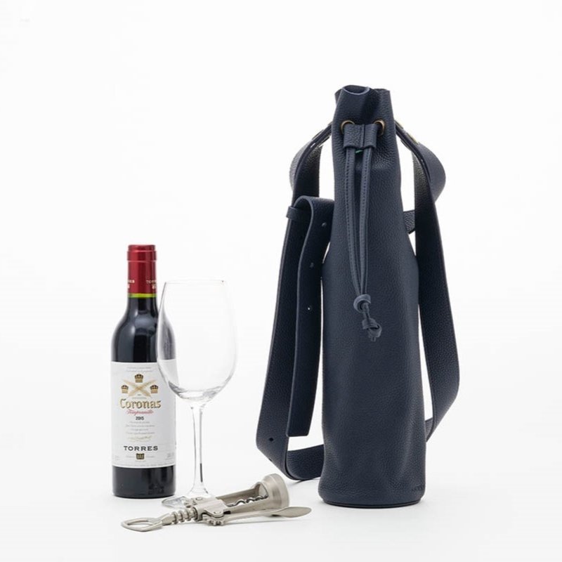 Wine Carrier European style cylindrical bag - Drawstring Bags - Genuine Leather Blue