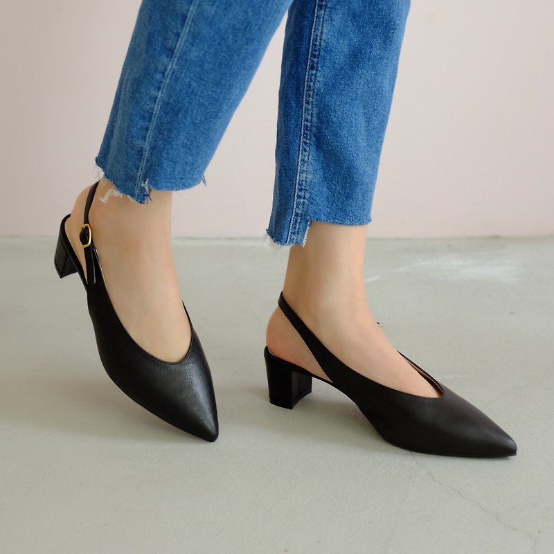 Soft skin-friendly leather! Adjustable proportion U-pointed toe shoes black full leather MIT-sweet black sesame - High Heels - Genuine Leather Black