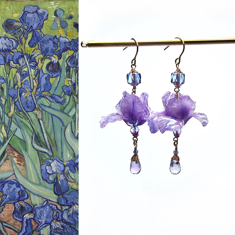 【微縮花房】鳶尾花Iris。歐洲水晶/樹脂耳環。浪漫藍霧紫。 - 耳環/耳夾 - 樹脂 紫色