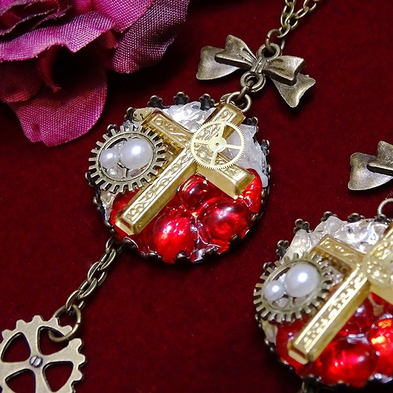 Cross Jewel Gear Necklace_Steampunk - Necklaces - Paper Red
