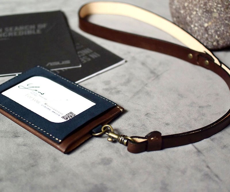Three-pocket light document holder dark blue suede + dark wood - ID & Badge Holders - Genuine Leather 