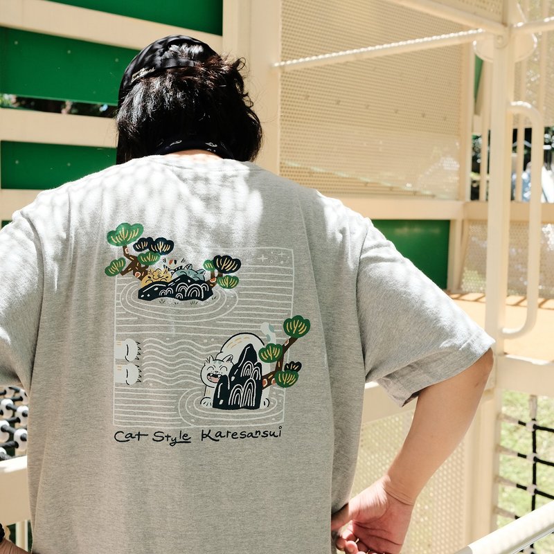 麻花灰貓島 T / 貓系枯山水 - 女裝 T 恤 - 棉．麻 灰色