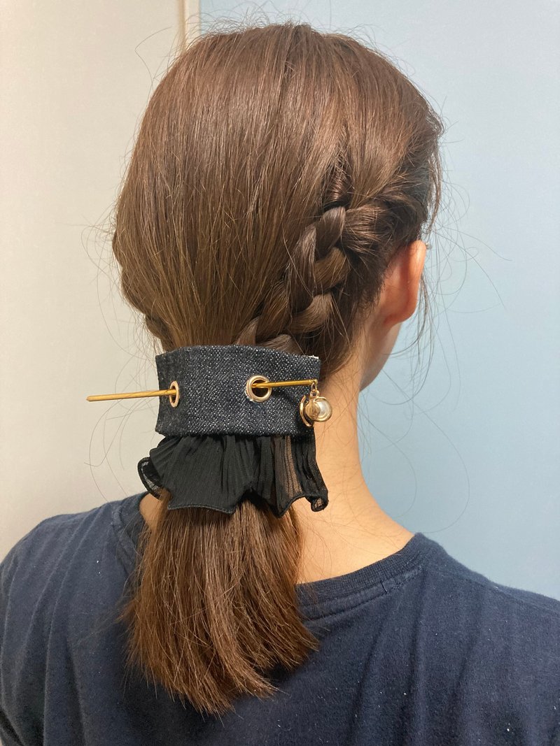 牛仔藍 真皮 2way 頭飾 髮繩 三件套 - 髮夾/髮圈 - 其他人造纖維 藍色