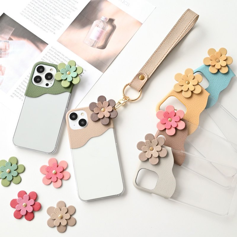 Lucky Bag iPhone Limited Smartphone Case with Hand Strap GD [Choimaru Flower Shrink Leather] Clear Himeji Leather Saffiano Flower lover BS37K - Phone Cases - Genuine Leather Multicolor