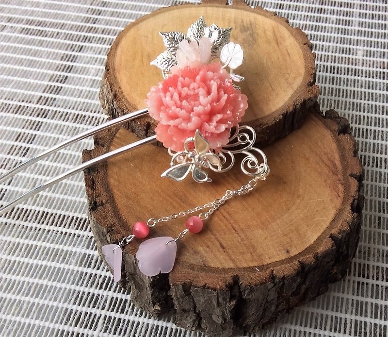 Meow ~ hand made resin peony hairpin (pink / silver bottom) - Hair Accessories - Other Materials Pink