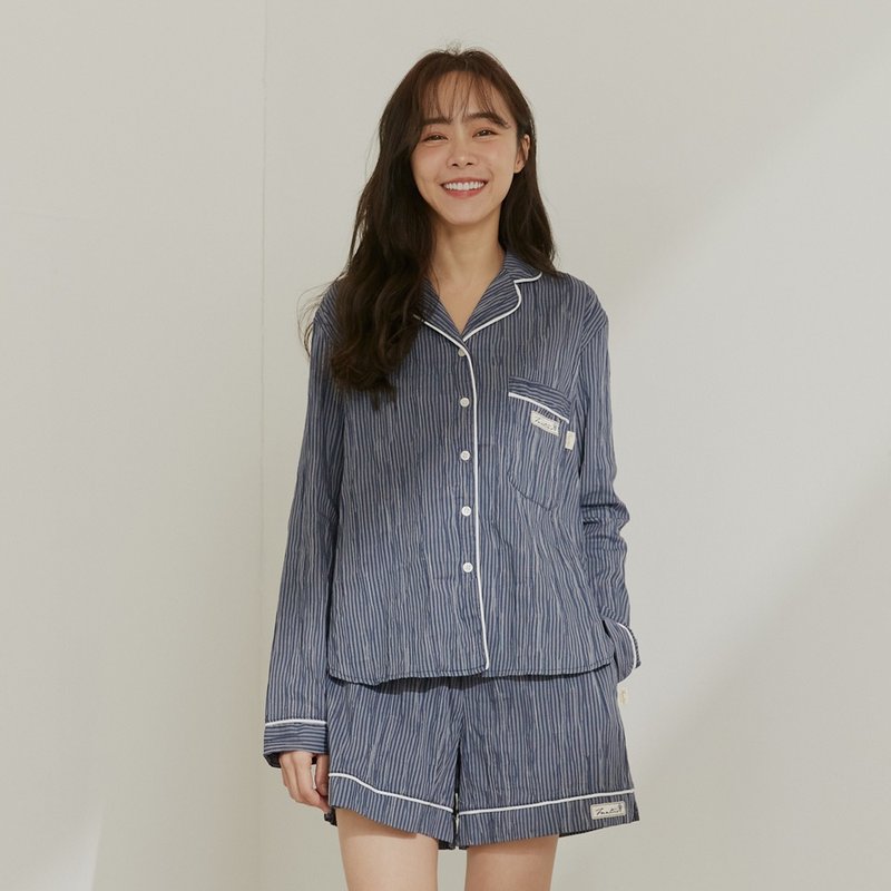 Crinkled Cotton Cardigan Long Sleeve Shirt Home Shorts Set (Budding Style)-Celadon Blue - ชุดนอน/ชุดอยู่บ้าน - ผ้าฝ้าย/ผ้าลินิน สีน้ำเงิน