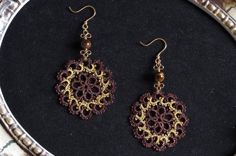Metallic thread tatting lace and tiger eye earrings - Earrings & Clip-ons - Cotton & Hemp Brown