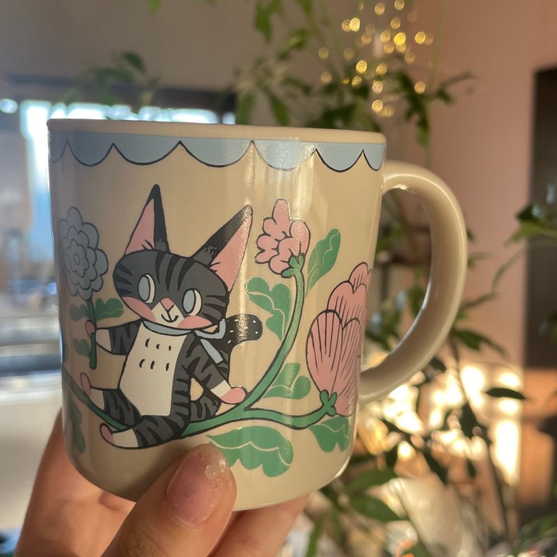 マグカップ　ねことうさぎの花模様 - 咖啡杯/馬克杯 - 陶 多色