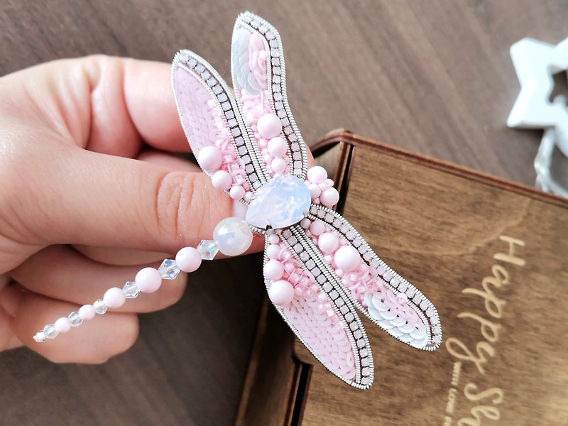 Dragonfly jewelry brooch beaded with crystals. - Brooches - Other Materials Pink