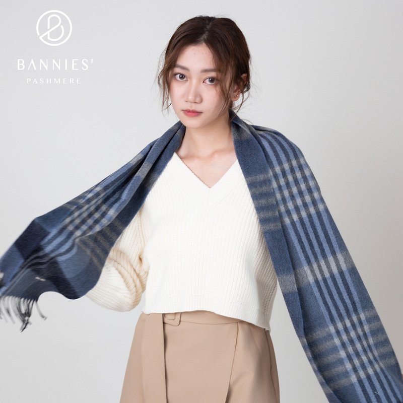 知性深藍 | 獨創格紋 喀什米爾圍巾 - 絲巾 - 羊毛 藍色