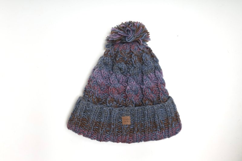 紫咖毛球雜線翻邊純羊毛線手工編織全襯防風毛帽|交換禮物|聖誕節 - 帽子 - 羊毛 紫色