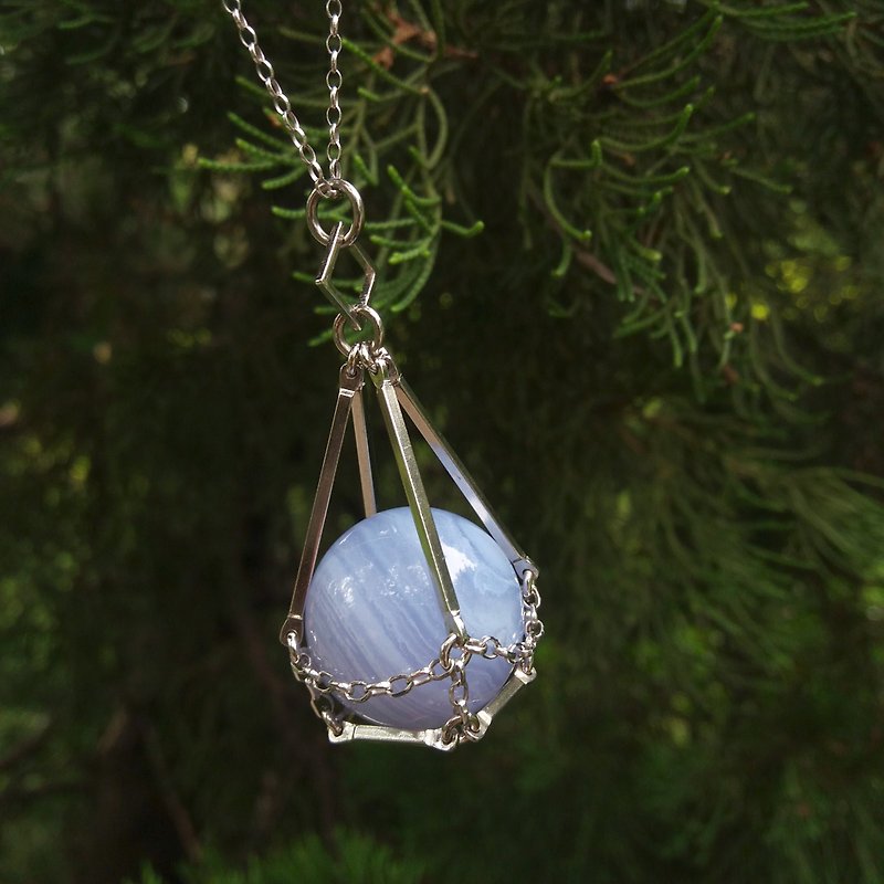 【Shine Up】24mm Blue Lace Agate Sphere Necklace / Silver Necklace - Necklaces - Other Metals Blue