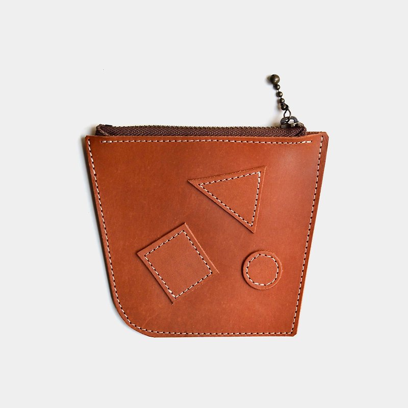 [Mathematician's chips] vegetable tanned cowhide coin purse brown leather zipper purse lettering gift - Coin Purses - Genuine Leather Brown