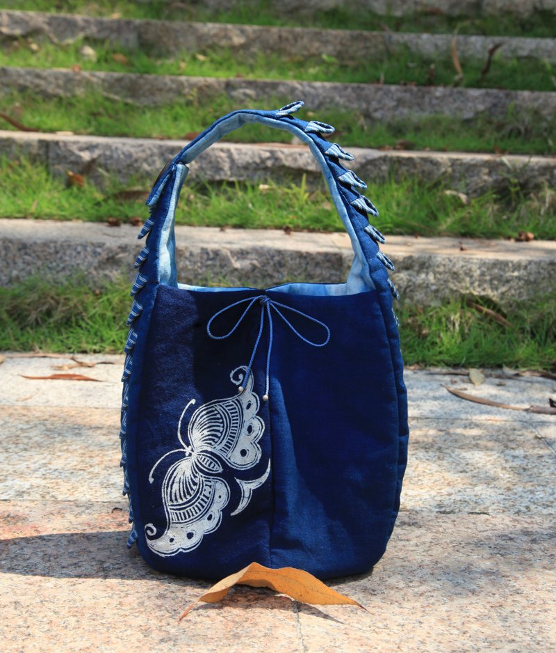 [Patchwork Original Design] Plant Dye Hexagon Bucket Bag - Handbags & Totes - Cotton & Hemp Blue