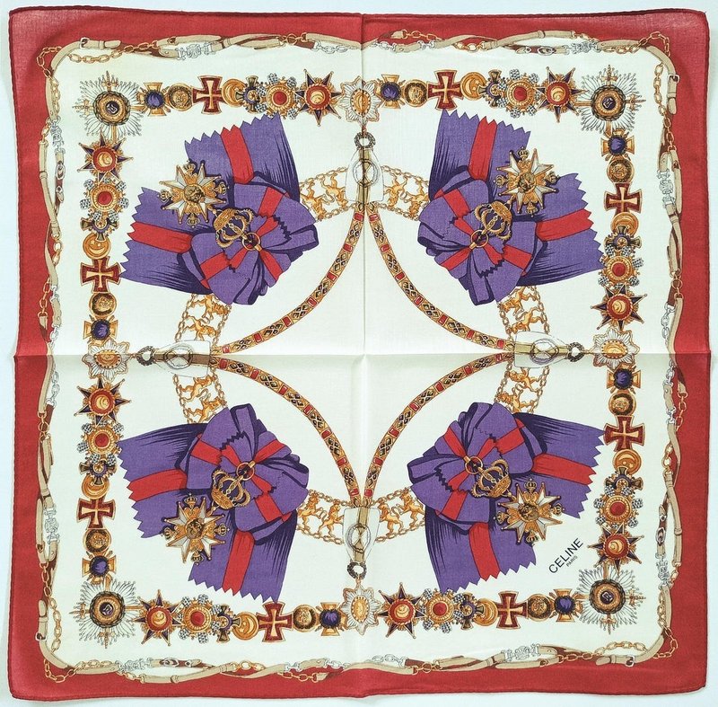 Celine Paris Vintage Handkerchief Badge Purple Ribbon 18.5 x 18.5 inches - 手帕 - 棉．麻 紫色