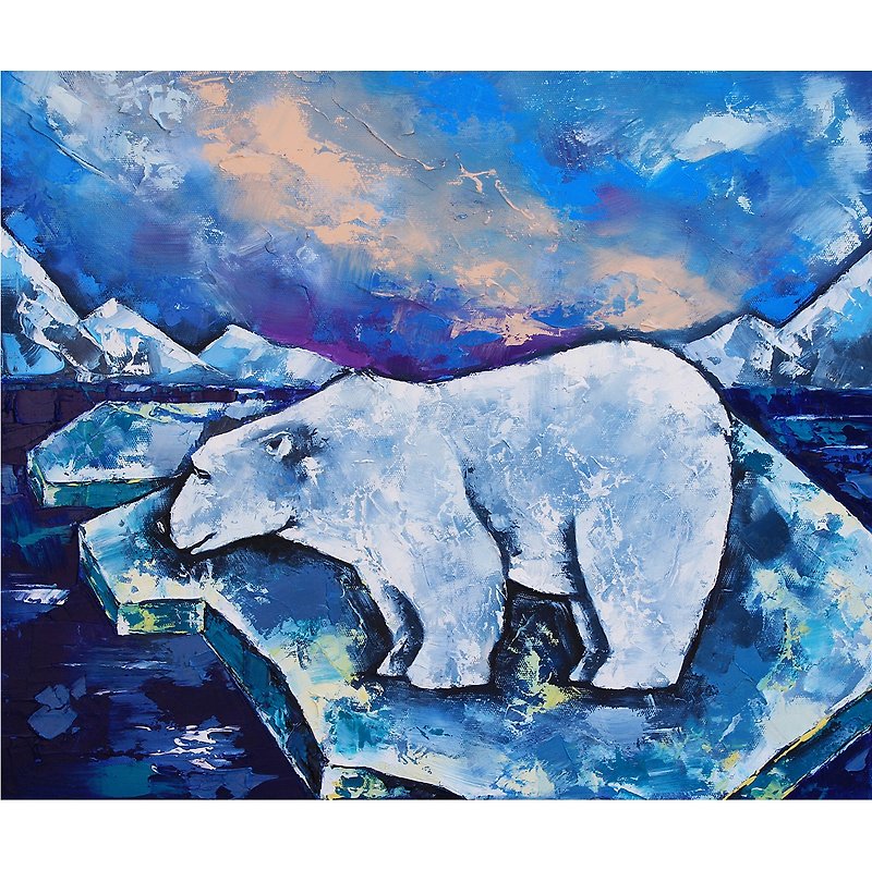 White Bear Painting Nursery Original Art Animal Artwork Handmade Wall Art - โปสเตอร์ - วัสดุอื่นๆ สีน้ำเงิน