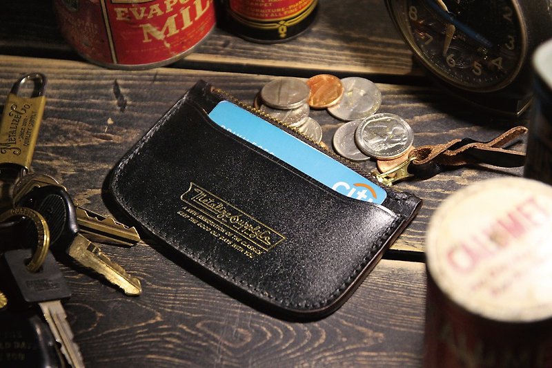 【METALIZE】Golden Tea Core Leather Card Holder - Wallets - Genuine Leather Black