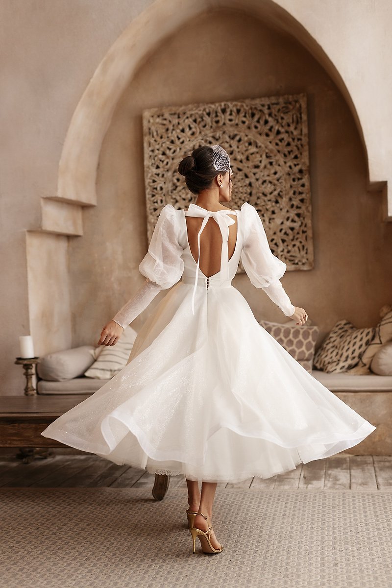 50s style bridal gown tea-length wedding dress plunge satin gown festival dress - ชุดราตรี - วัสดุอื่นๆ 