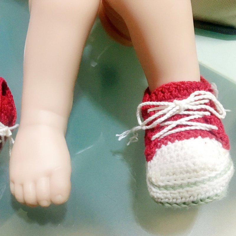 Stylish Preemie, Newborn, Reborn Baby Sneaker - Red Crochet Shoes & Green Sole - 嬰兒鞋/學步鞋 - 棉．麻 多色