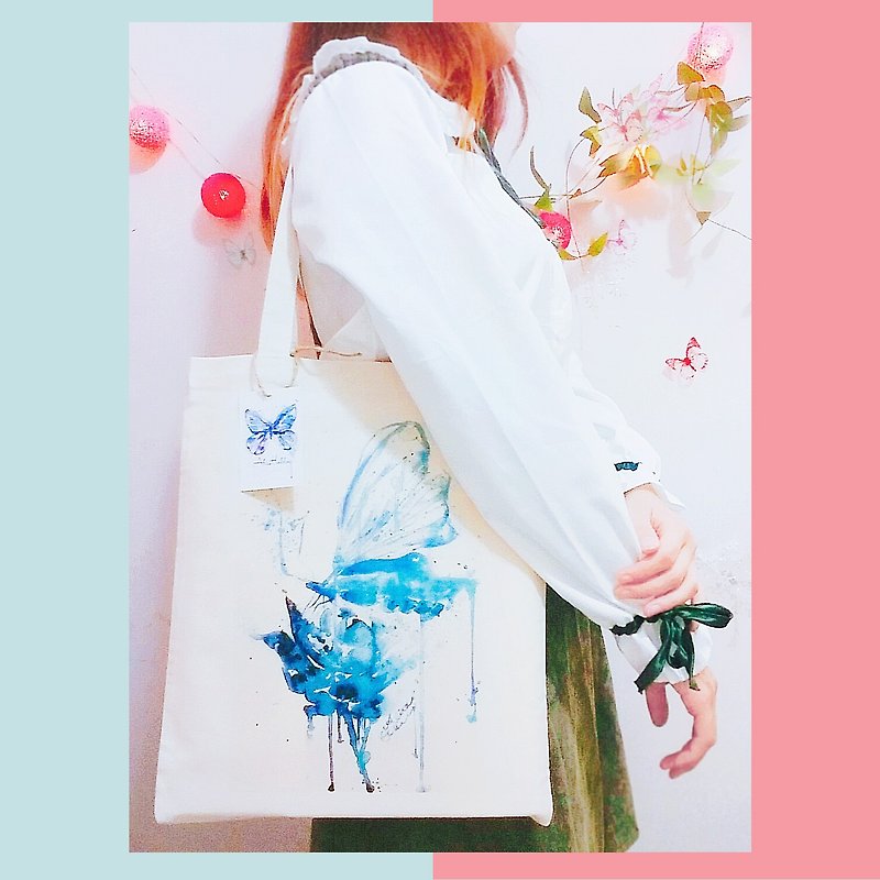 Alice Hobbey send optional postcard blue rose butterfly hand-painted watercolor canvas bag Tote Bag - กระเป๋าแมสเซนเจอร์ - ผ้าฝ้าย/ผ้าลินิน หลากหลายสี