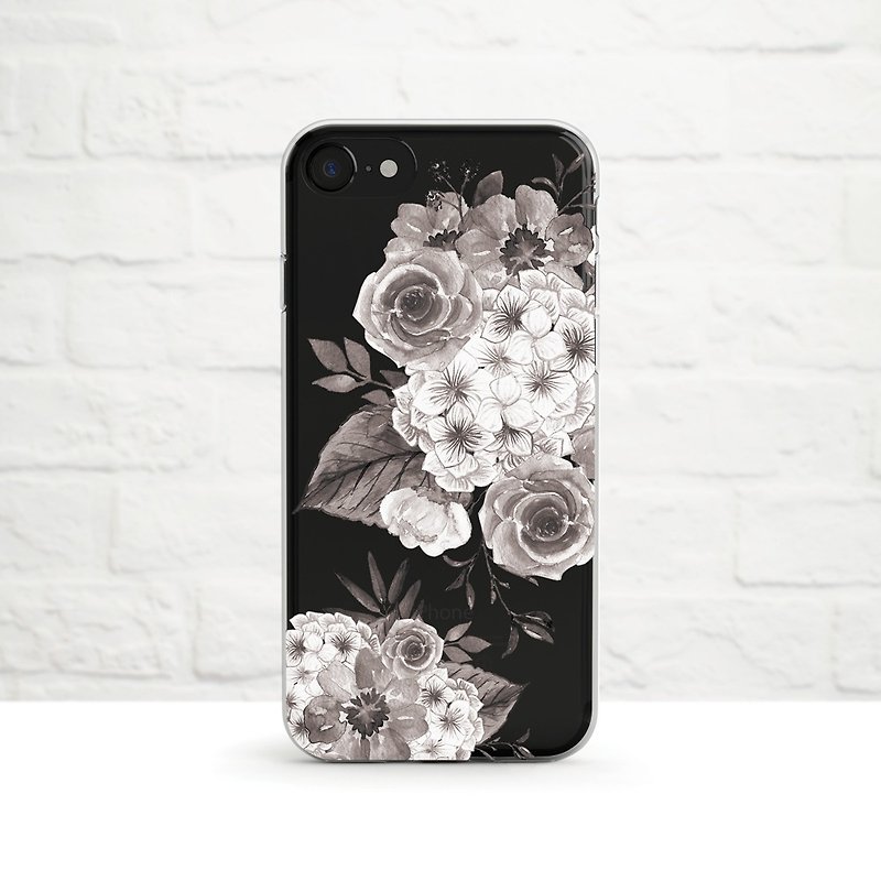 Floral, Clear Soft Case, iphone 14, 13 pro max, black and white, Samsung