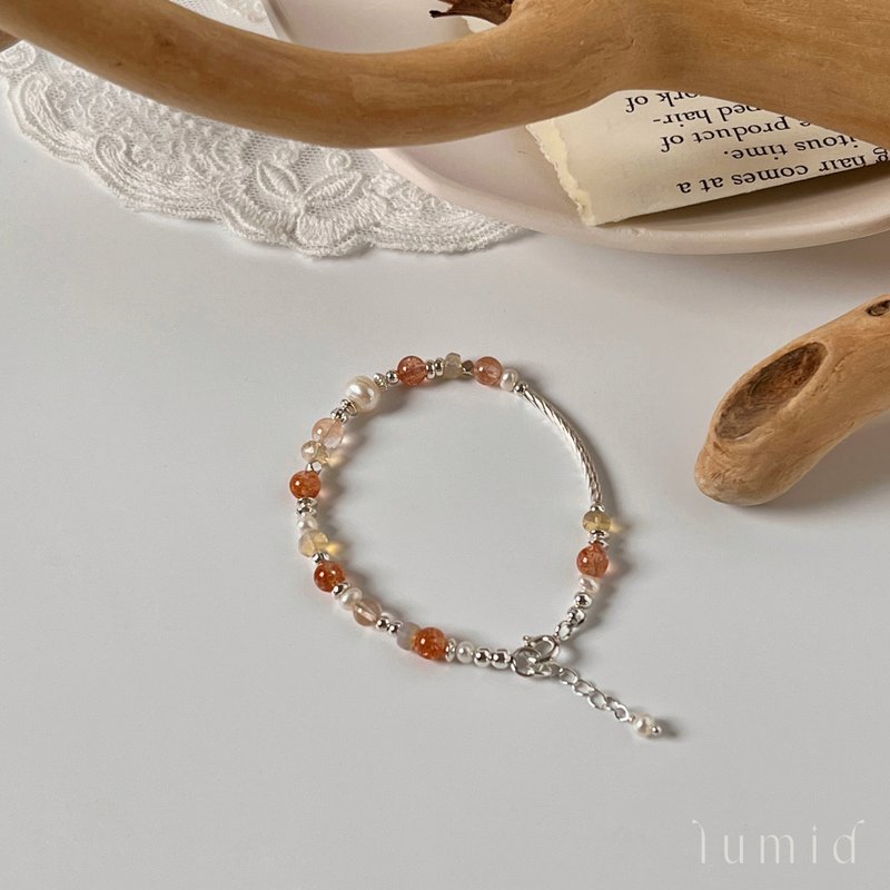 Stone Orange Rabbit Hair Opal Freshwater Pearl/Natural Crystal Bracelet Sterling Silver Bracelet Natural Stone - สร้อยข้อมือ - คริสตัล สีส้ม