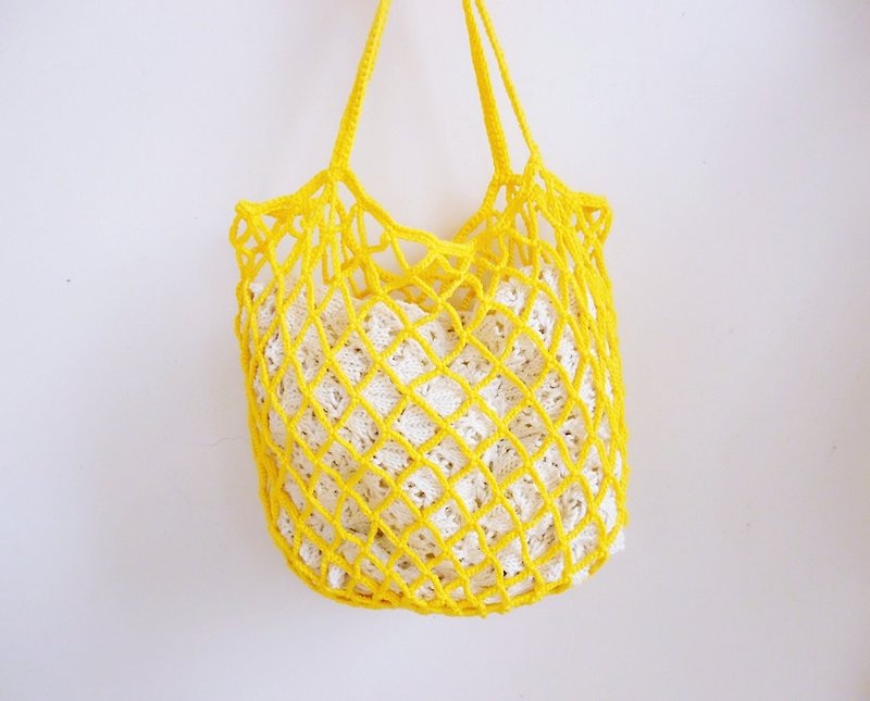 Bright yellow can be stored on the leather hand hook net bag shopping bag - กระเป๋าถือ - ผ้าฝ้าย/ผ้าลินิน สีเหลือง