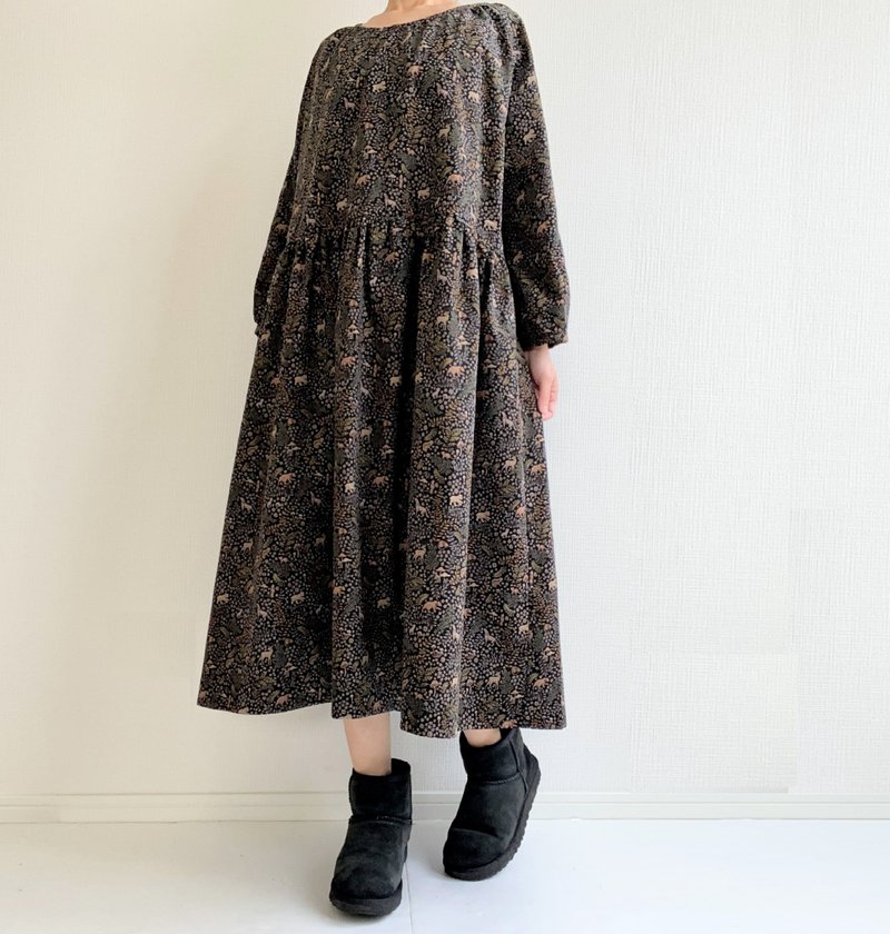 liberty fabrics 　corduroy　forest animal long sleeve dress　cotton black - One Piece Dresses - Cotton & Hemp Black