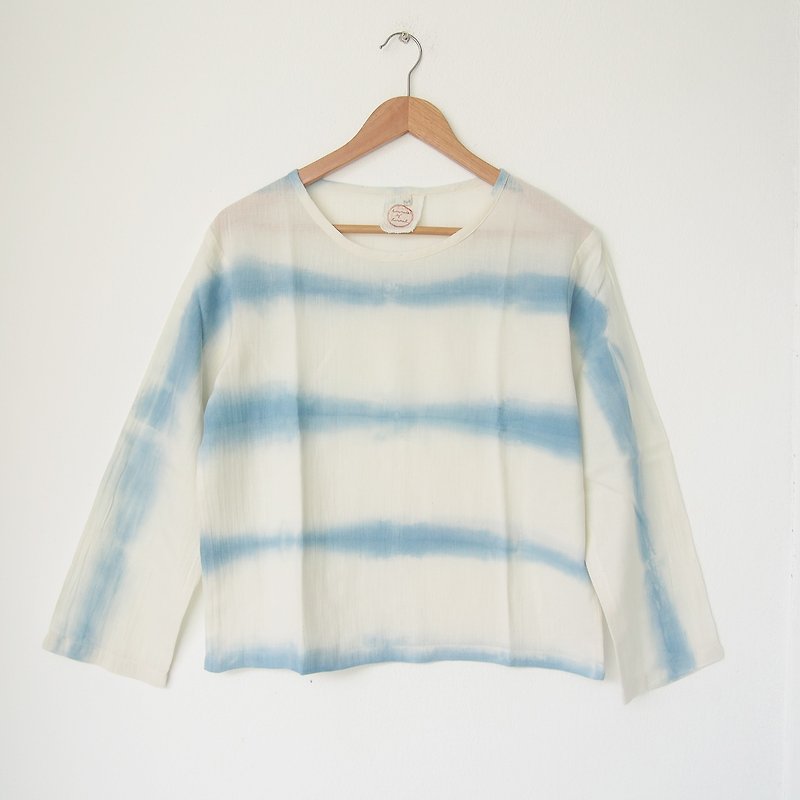 Stripe natural indigo dye long-sleeve shirt - made of 100% cotton - T 恤 - 棉．麻 藍色