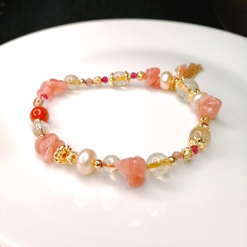 【海外限定】 Stone 14k Gold Natural Rhodolite/Titanium Crystal/Pearl 健康アクセサリー