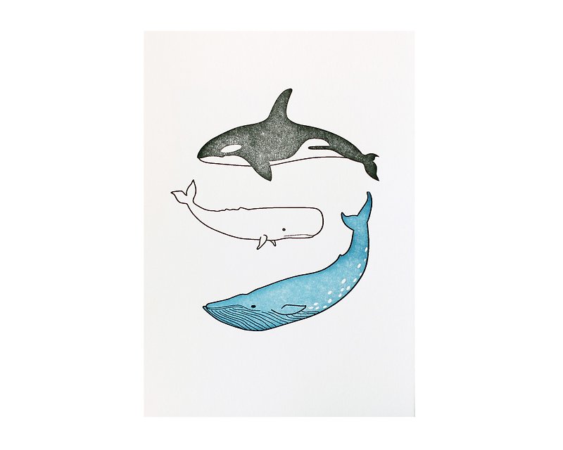 ปลาวาฬ 3 ตัว โดย Napakas - ภาพพิมพ์ Letterpress ขนาด 5x7 นิ้ว - โปสเตอร์ - กระดาษ สีน้ำเงิน