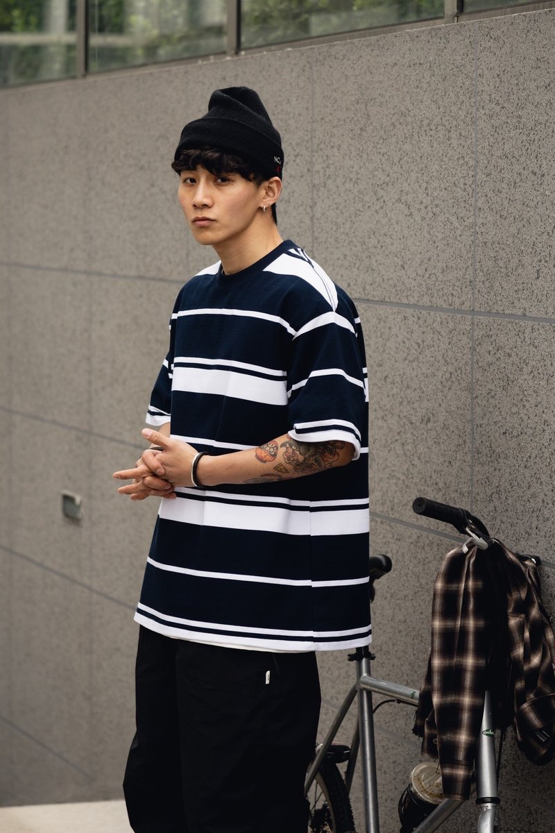 25SS日系cityboy300G條紋定織定染洗水廓形寬松休閑短袖T恤 - 男 T 恤 - 棉．麻 藍色