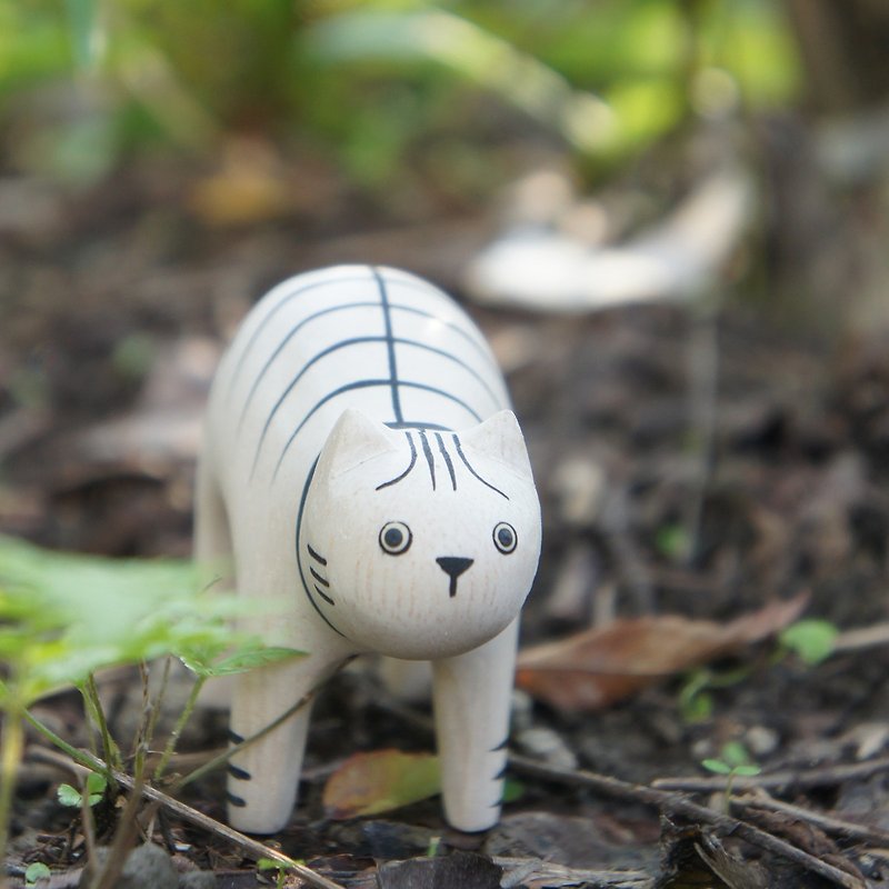 Small things} Unstained wooden small animals: striped cat_healing wood products - ของวางตกแต่ง - ไม้ สีกากี