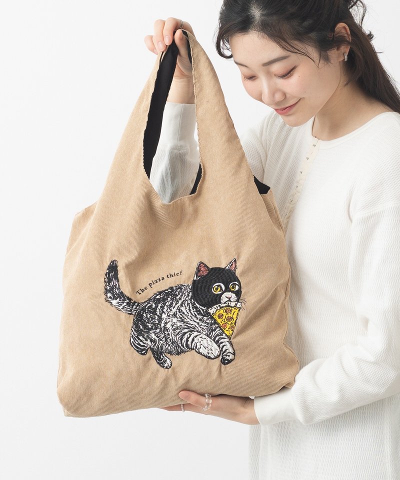 Jubilee Animal Embroidery Corduroy Tote Bag Cat Beige - Messenger Bags & Sling Bags - Polyester Khaki