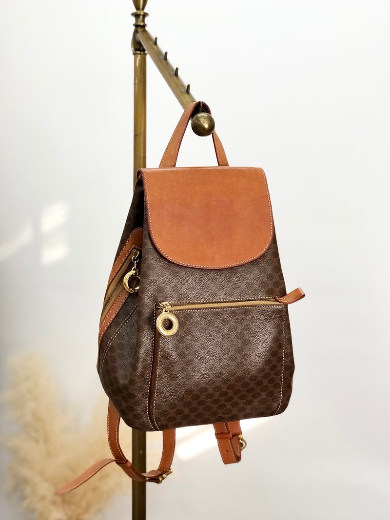 [Direct from Japan, branded used bag] CELINE Macadam Backpack Brown Circle Logo Charm PVC Leather Vintage Old idh7rg - Backpacks - Waterproof Material Brown