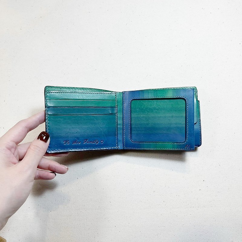 Vegetable tanned leather short clip_6 cards 1 change_photo layer_lake green gradient ink blue - กระเป๋าสตางค์ - หนังแท้ สีเขียว
