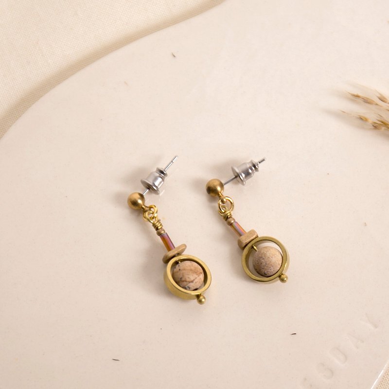 Natural Picture Stone Earrings - ต่างหู - โลหะ สีกากี