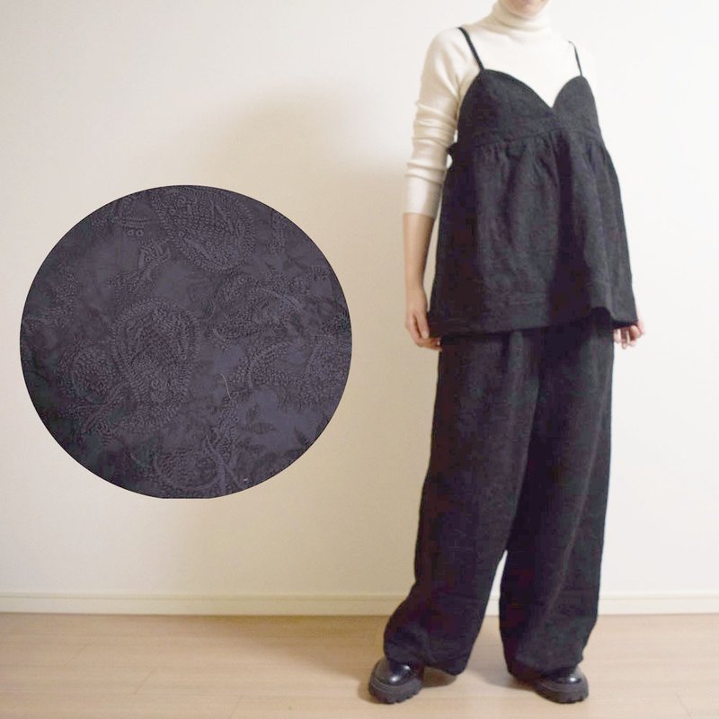 Paisley pattern embroidery, cotton linen botanical jacquard, wide pants, black - กางเกงขายาว - ผ้าฝ้าย/ผ้าลินิน สีดำ