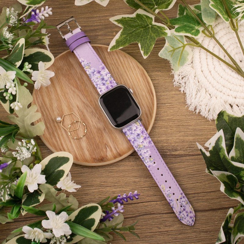 薰衣草印花紫色蘋果錶帶 for Apple Watch 4/5/6/7/8/9/SE/Ultra - 錶帶 - 真皮 紫色